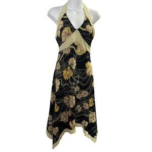 Vintage Y2K Black Yellow Floral Halter Neck Handkerchief Hem Dress Women Medium